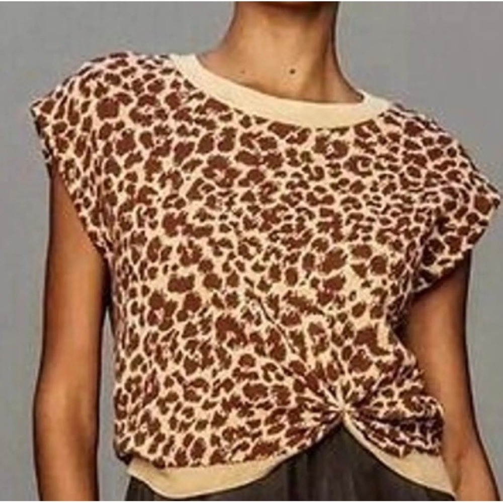 Anthropologie Brown & Cream Leopard-Print Cap Sleeve Crew Sweater